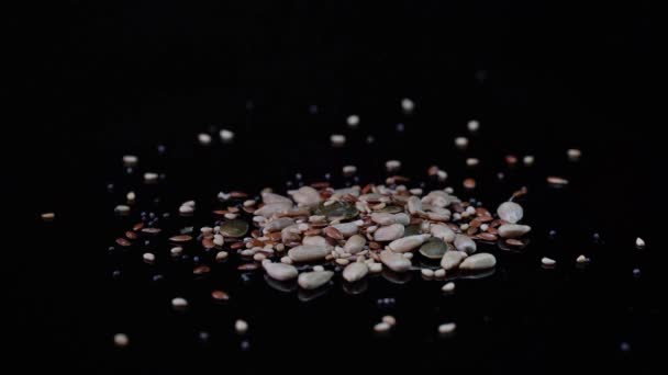 Poziome Wideo Zbliżenie Posypywania Nasion Sezamu Brązowego Lnu Maku Nasion — Wideo stockowe