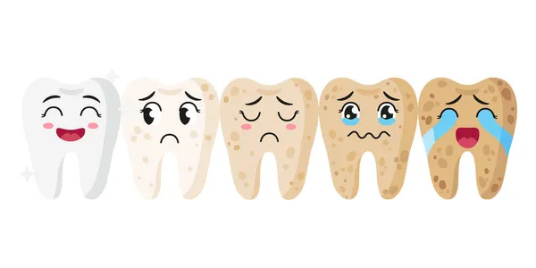 Wektor Kreskówki Cute Znaków Zębów Różnych Emocji Etapów Choroby Szczęśliwy — Wektor stockowy