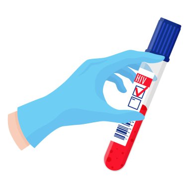 Vektör karikatür doktorları ellerinde kan olan mavi eldiven verdiler. AIDS ve HIV enfeksiyonunun önlenmesi.