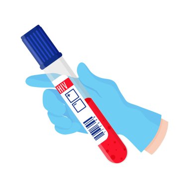 Vektör karikatür doktorları ellerinde kan olan mavi eldiven verdiler. AIDS ve HIV enfeksiyonu kavramı.