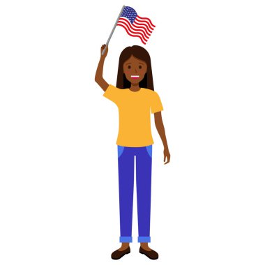 Amerikan bayrağı taşıyan siyah esmer kadın. Vatansever ve bağımsız bir kavram..