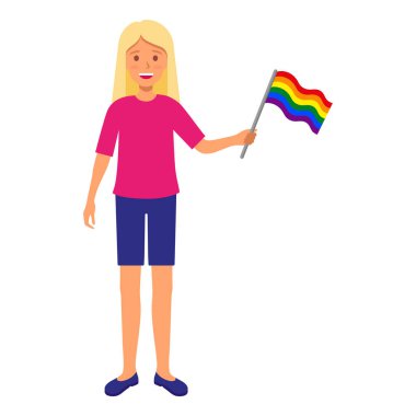 Gökkuşağı bayrağı taşıyan sarışın kadın geçit törenine katılıyor. LGBT topluluğu.