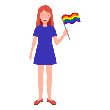 Gökkuşağı bayrağı taşıyan kızıl saçlı kadın geçit törenine katılıyor. LGBT topluluğu.