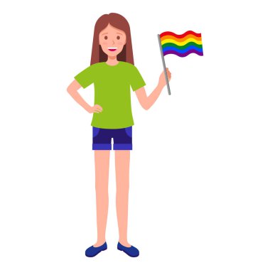 Gökkuşağı bayrağı taşıyan esmer kadın, onur yürüyüşüne katılıyor. LGBT topluluğu.