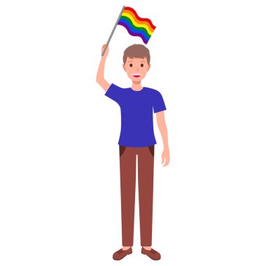 Kahverengi saçlı adam gökkuşağı bayrağı taşıyor ve geçit törenine katılıyor. LGBT topluluğu.