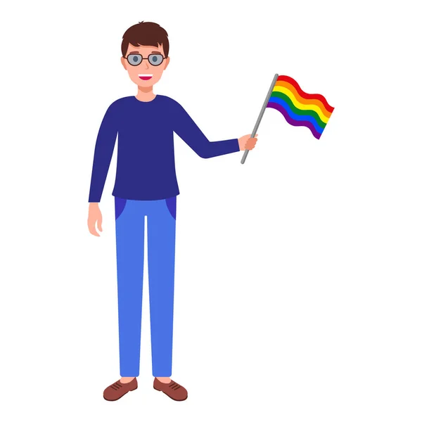 Brunette Man Glasses Holding Rainbow Flag Taking Part Pride Parade — Stock Vector