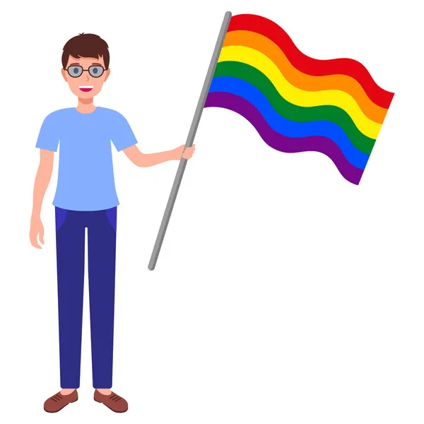 Brunette Man Glasses Holding Big Rainbow Flag Taking Part Pride — Stock Vector