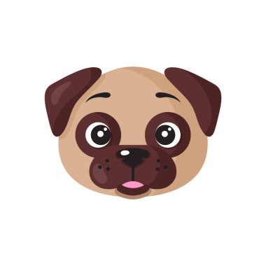 Pug soyunun vektör köpek yüzü. Yavru köpek, evcil hayvan tasarım elementi.