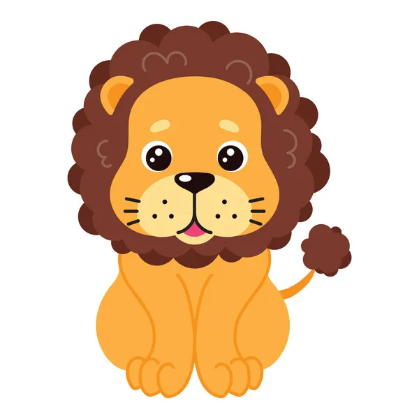 Küçük şirin aslan yavrusu oturuyor ve gülümsüyor. Vahşi yaşam hayvan kralı. Vektör karikatürü izole edildi.