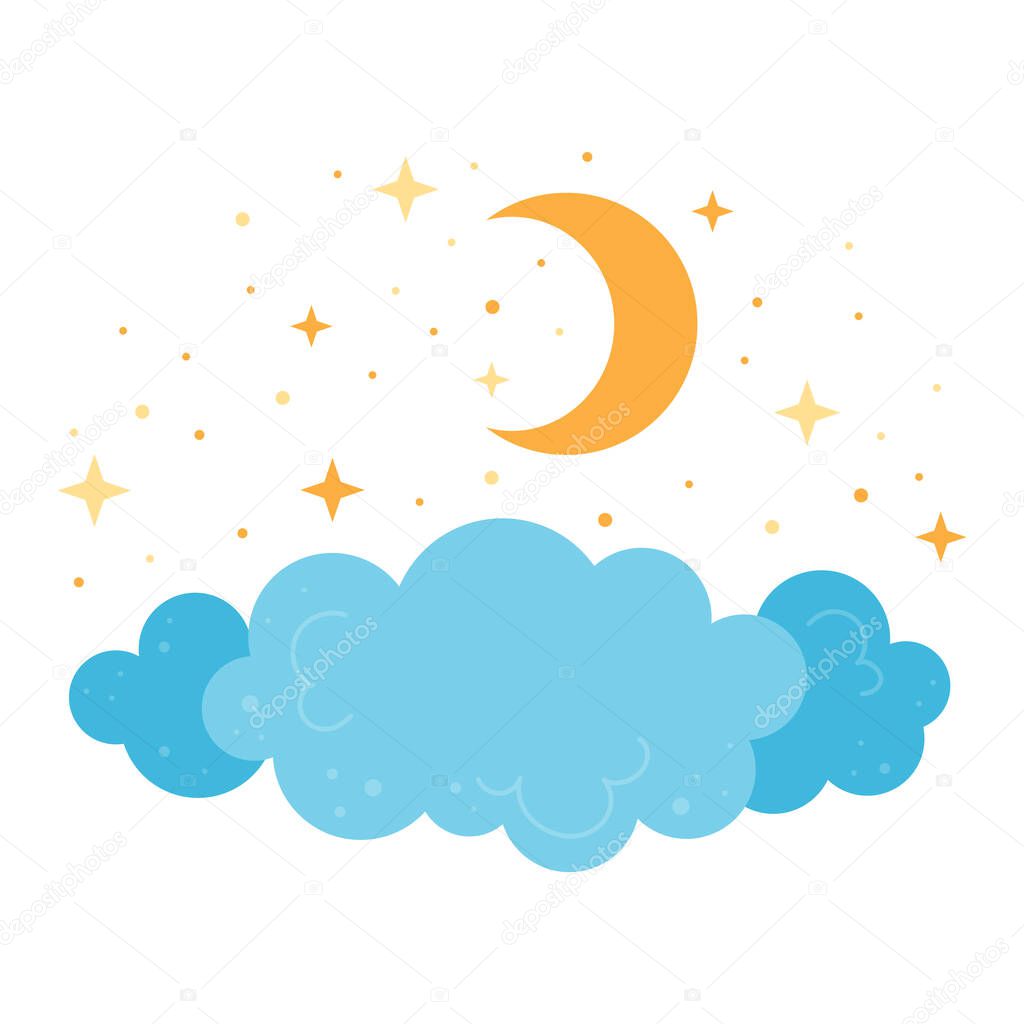 Blue clouds with stars and moon. Children nursery concept. Vector cartoon isolated illustration.