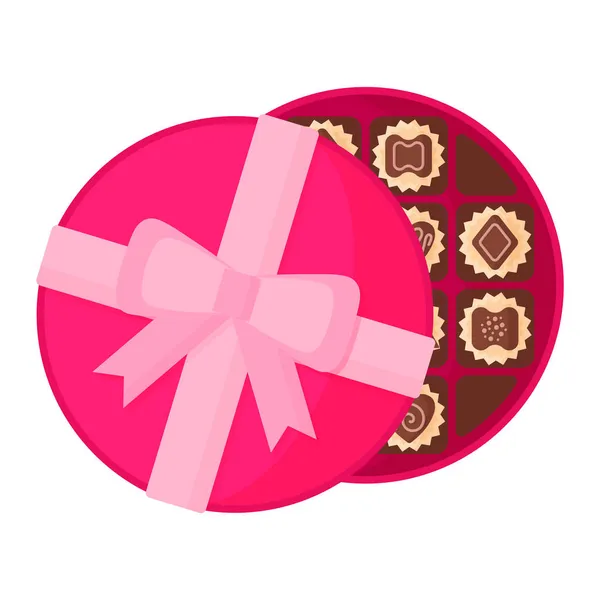 Открытая Круглая Розовая Коробка Шоколадного Десерта Конфет Глазурью День Святого — стоковый вектор