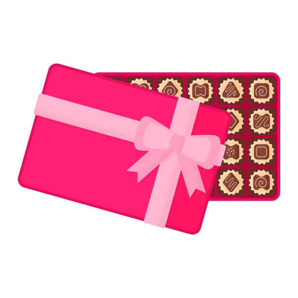 バレンタインデーのためのアイシングとチョコレートデザートやキャンディーの長方形のピンクの箱を開きます — ストックベクタ