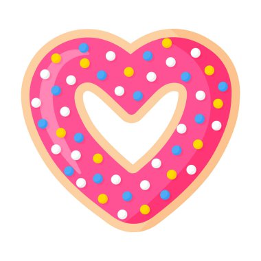 Sevgililer Günü 'nün kalp şeklinde pembe donut, kremalı ve pastalı. Vektör karikatürü izole edildi.