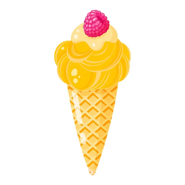 Cone Sorvete Amarelo Sundae Com Framboesa Doçura Saudável Verão —  Vetores de Stock