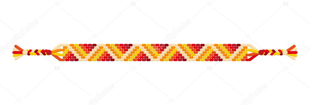 Vector multicolored handmade hippie friendship bracelet of red, orange and yellow threads. Macrame normal pattern.