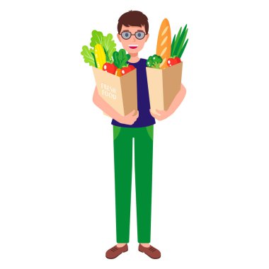 Vektör çizgi filmi mutlu çocuk elinde taze organik yiyecek dolu eko kağıt poşetler tutuyor. Çevre kavramını önemsemek. Çevre gıda alışverişi.
