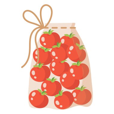 Domatesli plastik poşet kullanmadan yiyecek, sebze ve meyveleri tartmak için şeffaf yeniden kullanılabilir eko çanta. Çevre kavramına önem vermek