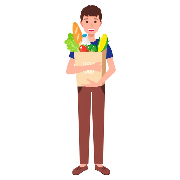Vector Cartoon Glücklicher Junge Mit Ökopapier Lebensmittelbeutel Mit Frischen Gesunden — Stockvektor