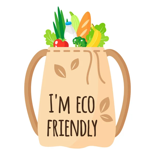 Vector Cartoon Textile Reusable Grocery Bag Eco Quot Healthy Organic — Stock Vector