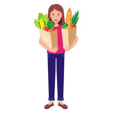 Vektör çizgi filmdeki mutlu kız elinde taze sağlıklı yiyeceklerle dolu bir poşet tutuyor. Çevre kavramını önemsemek. Çevre gıda alışverişi.