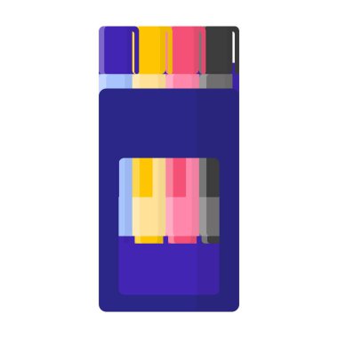 Renkli kalemlerle dolu vektör karikatür kutusu. Okula geri dön..