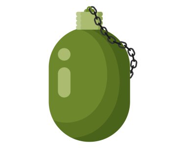 Askeri metal su şişesi. Asker yeşil zeytin şişesi. Kamp ve turizm için turistik malzemeler. Ordu, asker ve savaş için askeri bir kavram. Vektör karikatürü izole edildi.