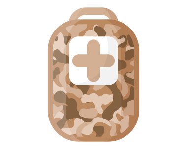Asker kumlu çöl haki rengi haki rengi kamuflaj ilk yardım çantası. Ordu, asker ve savaş için askeri bir kavram. Vektör karikatürü izole edildi.