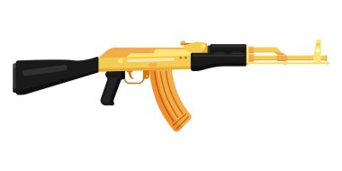 Russian golden AK 47 Kalashnikov assault rifle with butt. Concept of terrorism and war with the use of military firearms for soldiers. Vector cartoon isolated illustration.