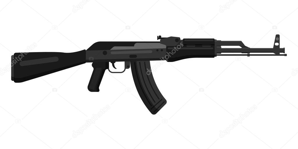 Russian black AK 74 Kalashnikov assault rifle with butt. Concept of terrorism and war with the use of military firearms for soldiers. Vector cartoon isolated illustration.