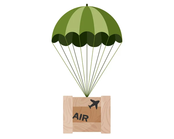 Hava yoluyla, paraşütle atılacak ahşap kutu paketi. Online askeri oyun konsepti. Uçak postası teslimatı. Vektör karikatürü izole edildi.