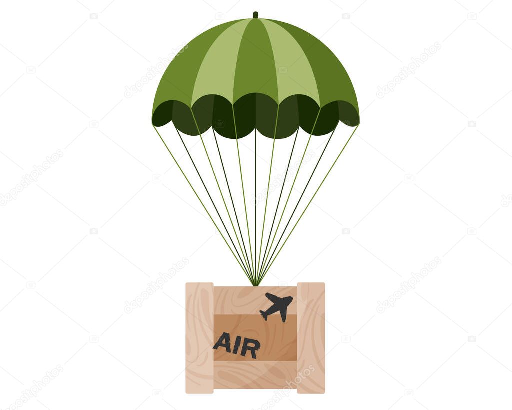 Airborne delivery wooden box package parcel air drop with parachute. Online military game concept. Airmail shipping delivery. Vector cartoon isolated illustration.
