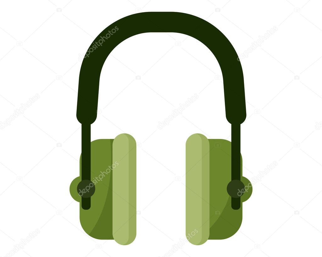 Green khaki military noise canceling earmuffs to protect ears while shooting. Military concept for army, soldiers and war. Vector cartoon isolated illustration.