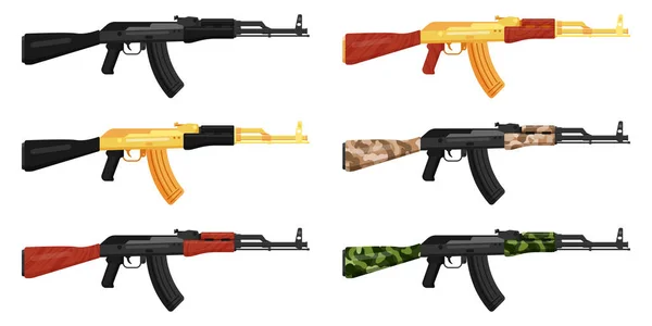 Rus AK-47 ve AK 74 Kalaşnikof siyah, altın ve kamuflaj saldırı tüfekleri. Terörizm kavramı ve askerler için askeri silah kullanımı. Vektör karikatürü izole edildi.
