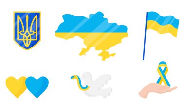 Ukrayna 'nın devlet sembolleri, arma, bayrak, harita, güvercin, kurdele, kalp. Ukrayna savaşının savaş karşıtı seti. Ordu, asker ve savaş için askeri bir kavram. Vektör karikatürü izole edildi.