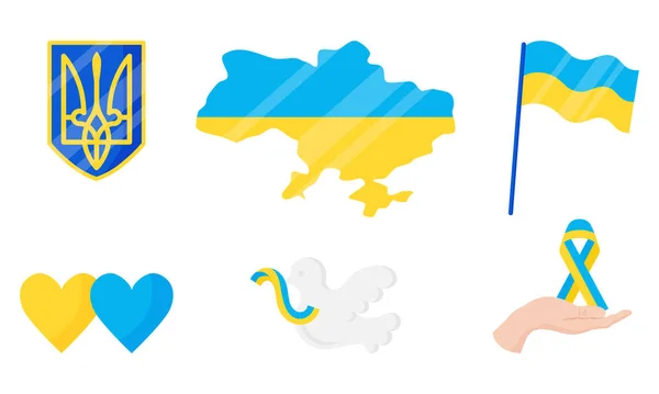 Soubor Státních Symbolů Ukrajiny Erb Vlajka Mapa Holubice Stuha Srdce Stock Vektory