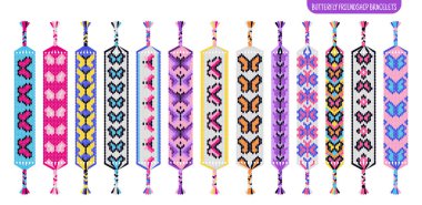 Colorful butterfly handmade friendship bracelets set of threads or beads. Macrame normal pattern tutorial. Vector cartoon isolated illustration. clipart