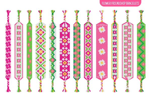 Pink Flower Handmade Friendship Bracelets Set Threads Beads Macrame Normal — Stock Vector