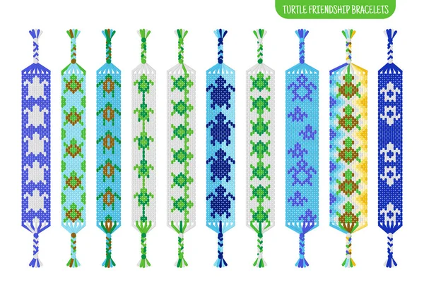 Green Turtle Handmade Friendship Bracelets Set Threads Beads Macrame Normal — Stock Vector