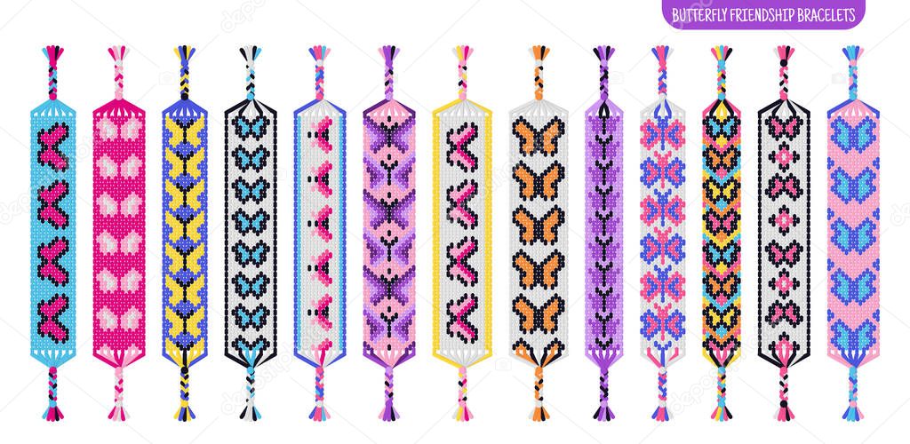 Colorful butterfly handmade friendship bracelets set of threads or beads. Macrame normal pattern tutorial. Vector cartoon isolated illustration.