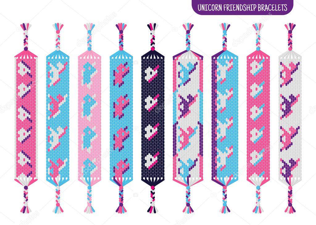 Magic unicorn handmade friendship bracelets set of threads or beads. Macrame normal pattern tutorial. Vector cartoon isolated illustration.