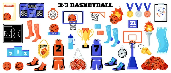 3X3 Basketball Sport Equipment Set Ball Scoreboard Net Uniform Sneakers — Vetor de Stock