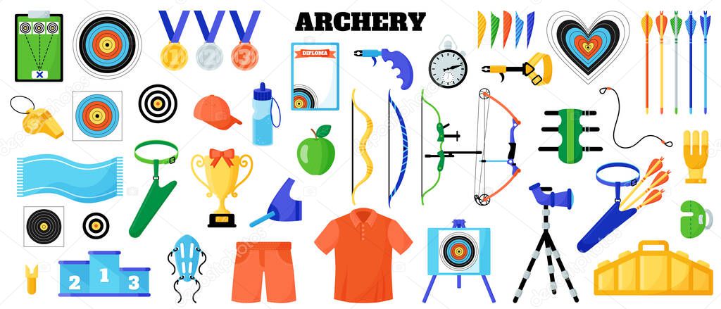 Archery sport equipment set. Bow, arrow, target, string, glove, belt, protection etc. Summer games. Vector cartoon isolated illustration