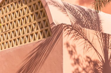 Güneşli bir günde figür kafesli teraslı bir binanın yuvarlak çatısı ve palmiye yapraklarının zıt gölgeleri.