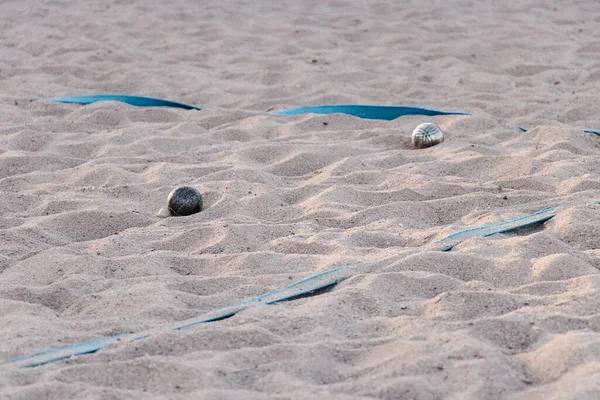 Petanque Field Sandy Beach Scattered Metal Balls — Stock Photo, Image