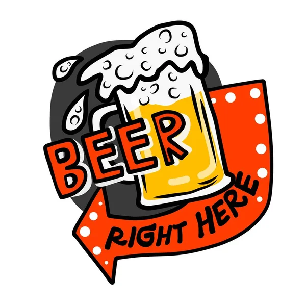 Bier Hier Logo Vintage Stijl Cartoon Vector Illustratie — Stockvector