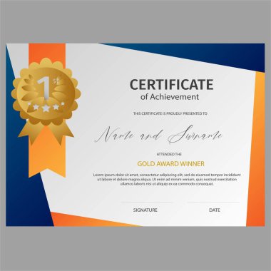 Başarı Sertifikası. Birinci kazanan ödül şablonu vektör çizimi.