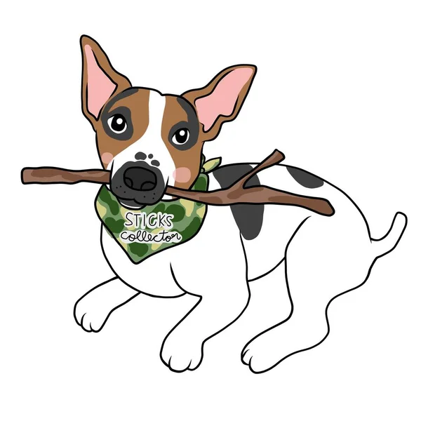 Jack Russell Terrier Cão Madeira Pau Coletor Desenho Animado Vetor — Vetor de Stock