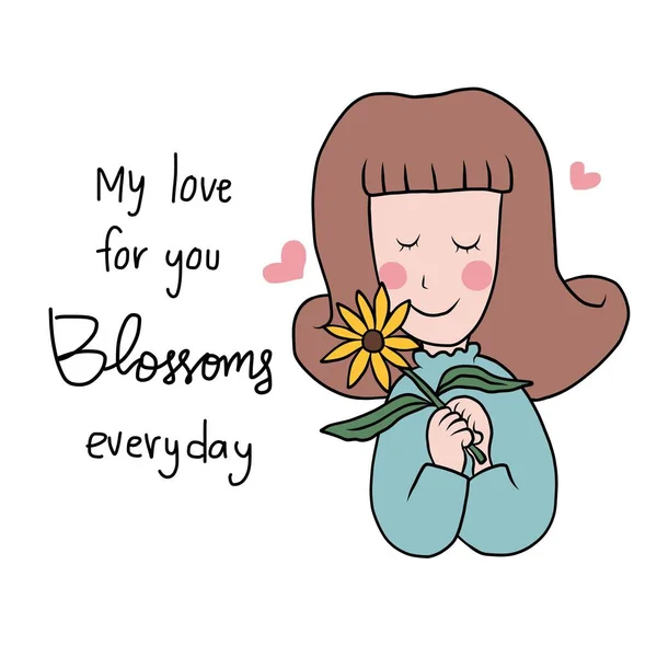 Schattig Meisje Met Zonnebloem Mijn Liefde Voor Bloeit Alledaagse Cartoon — Stockvector