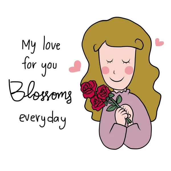 Schattig Meisje Met Rozen Mijn Liefde Voor Bloeit Alledaagse Cartoon — Stockvector