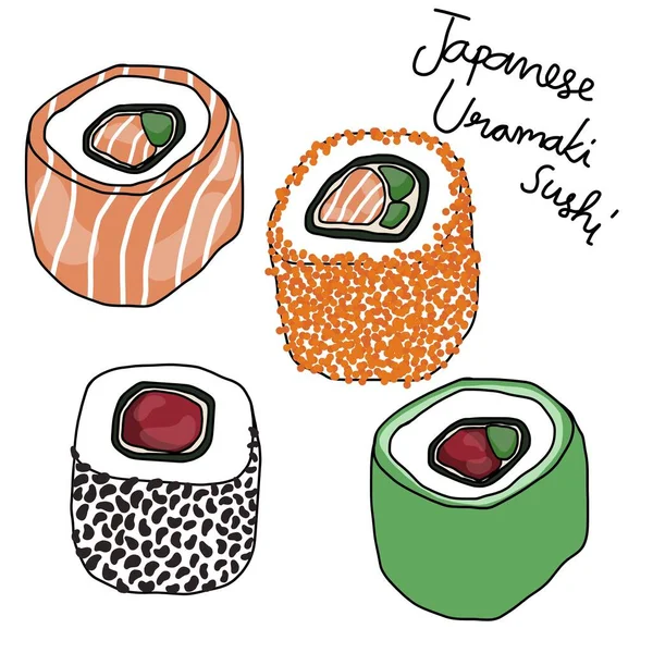 Sushi Japonés Línea Arte Dibujo Ilustración — Vector de stock